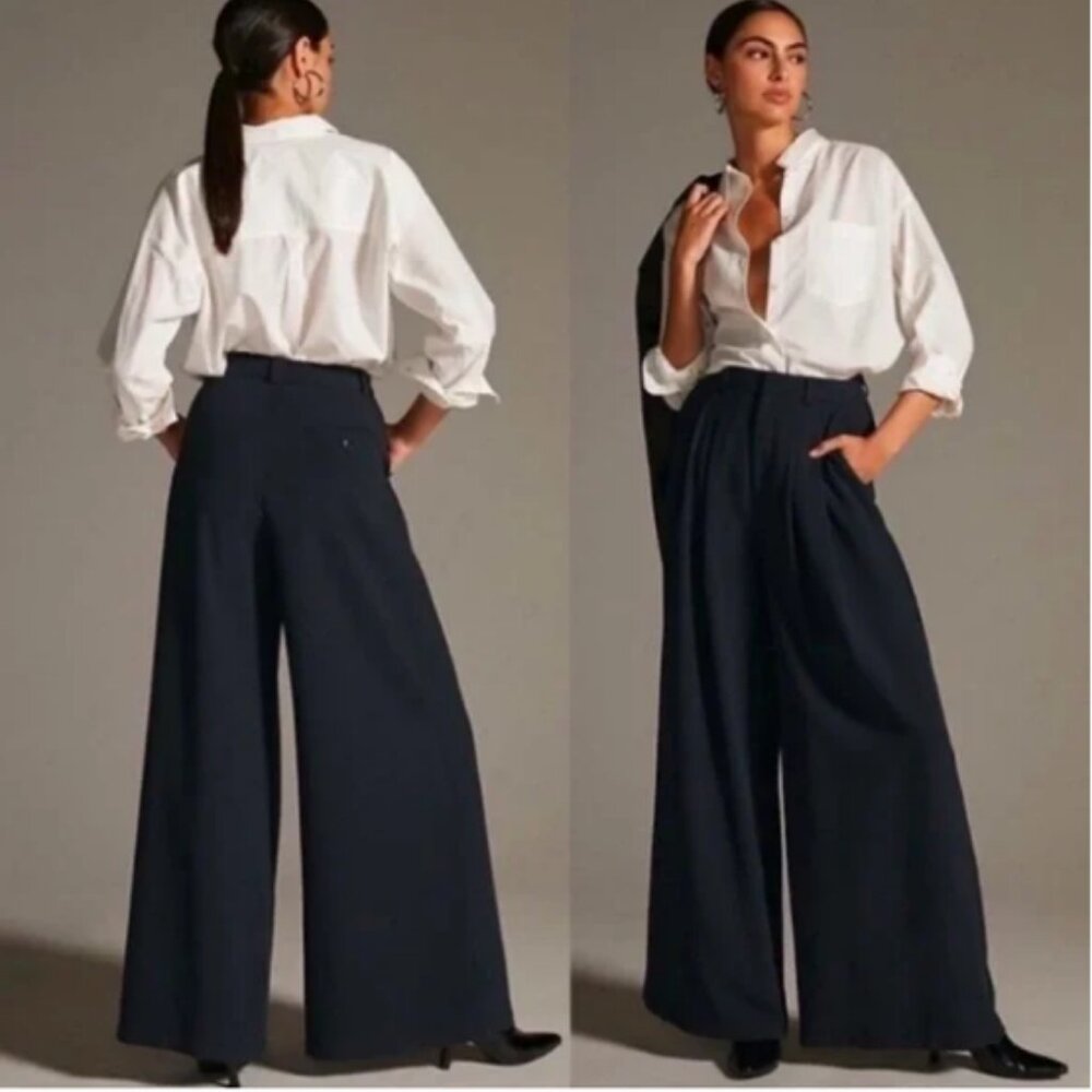 Maeve Navy Wide-Leg Pleated Trousers